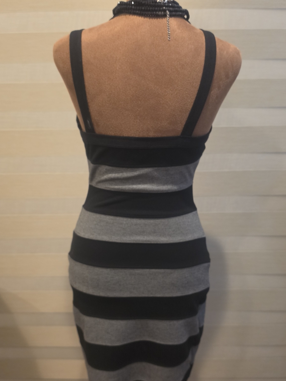 bebe Black & Gray Striped Zip-Front Midi Bodycon Dress - Picture 2 of 4